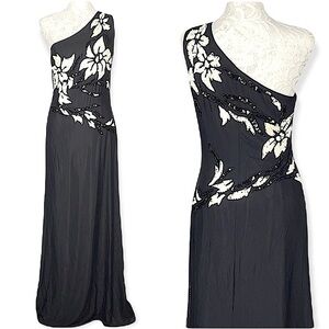 Cachè One Shoulder Sequined Evening Gown Formal Black Tie Full Length Small